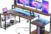 181CM L Shaped Corner Desk with Power Outlets LED Lights Gaming Desk