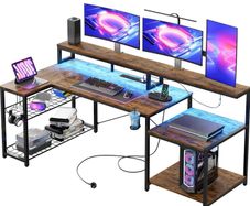 181CM L Shaped Corner Desk with Power Outlets LED Lights Gaming Desk