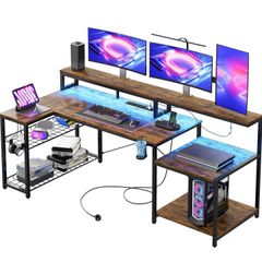 181CM L Shaped Corner Desk with Power Outlets LED Lights Gaming Desk