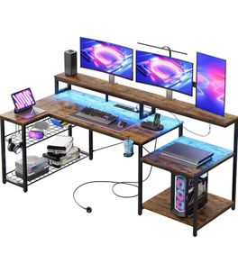 181CM L Shaped Corner Desk with Power Outlets LED Lights Gaming Desk
