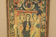 Rare Vintage Virgin And Child Icon Tapestry on Wood.