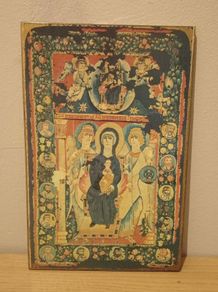 Rare Vintage Virgin And Child Icon Tapestry on Wood.