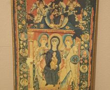 Rare Vintage Virgin And Child Icon Tapestry on Wood.