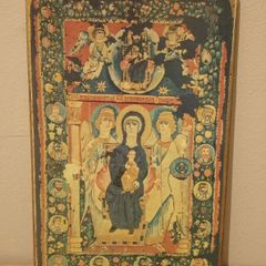 Rare Vintage Virgin And Child Icon Tapestry on Wood.