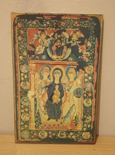 Rare Vintage Virgin And Child Icon Tapestry on Wood.