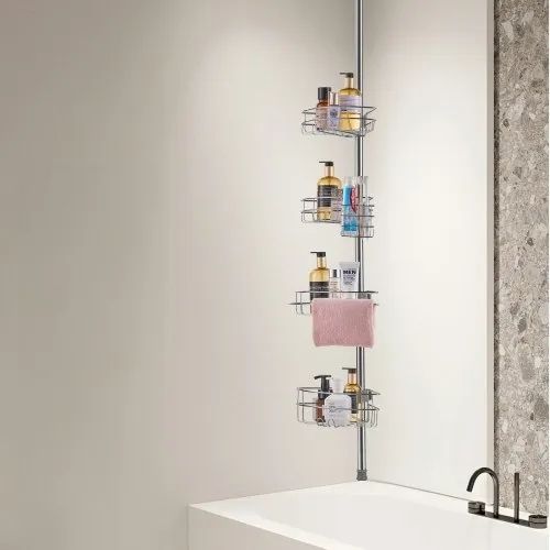 Shower Corner Caddy Tension Pole, 56" to 114" High, Multi-Functional Shower Tension Pole with Strong Load-Bearing Tray