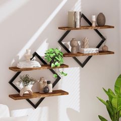 Floating Shelves, Set of 2 Wall Shelves, 2-Tier Hanging Shelves, Wall Shelf Set of 2, Wall Mounted Shelves, for Living Room, Bedroom, Kitchen, Office, Study, Rustic Brown