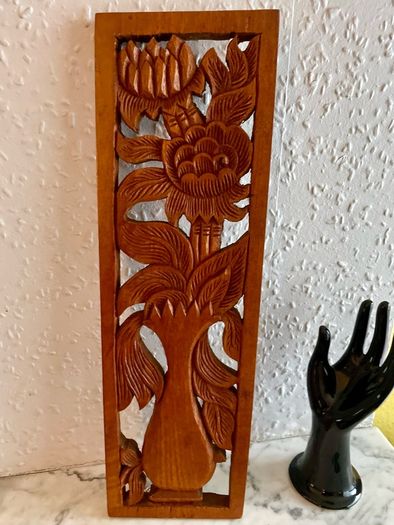 Hand Carved Long Balinese Wooden Sunflower Floral Relief Wall Art Decor Panel