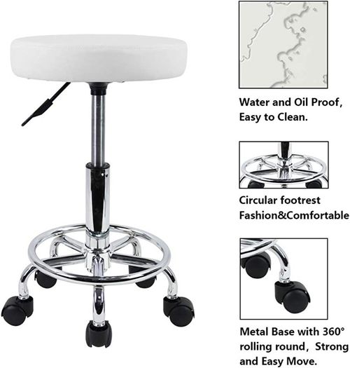 PU Leather Round Rolling Stool with Foot Rest Swivel Height Adjustment Medical Spa Drafting Salon Tattoo Work Office Massage Stools Task Chair Small (FREE POSTAGE)