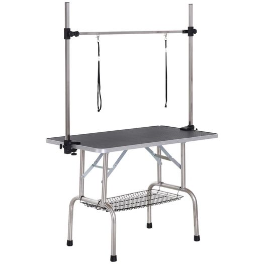 42" Dog Grooming Table, Adjustable Pet Cat Drying Beauty Table with 2 Loops Storage Basket, Rubber Top, Black