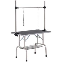 42" Dog Grooming Table, Adjustable Pet Cat Drying Beauty Table with 2 Loops Storage Basket, Rubber Top, Black