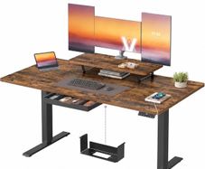 Electric Standing Desk, Height Adjustable, 140 x 70 cm Flexible Monitor Stand and Drawer, USB-C Port, Sedentary Reminder, Rustic Brown and Black, Balok Collection