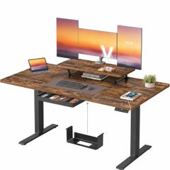 Electric Standing Desk, Height Adjustable, 140 x 70 cm Flexible Monitor Stand and Drawer, USB-C Port, Sedentary Reminder, Rustic Brown and Black, Balok Collection