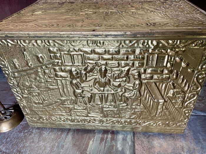 Ornate Brass Fireside Coal Box Embossed Tavern Scene