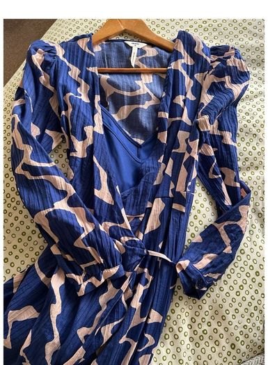 Blue Pattern Wrap Dress with Matching Slip
