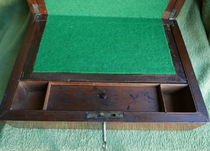 Antique 1800s Wood Folding Portable Travel Writing Lap Desk Campaign Box Case Key