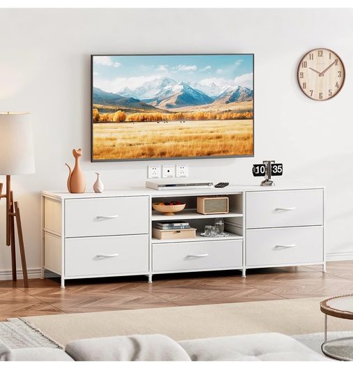 TV Stand Cabinet, TV Unit with 5 Drawers, 140 cm, White TV Console Table with Storage Organizers, Entertainment Center with Open Shelf for Living Room, Bedroom