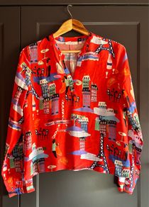 Eterna Red Parisian Print Viscose Blouse Shirt UK 10  Oversized Loose Fit Novelty France Scene