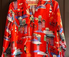 Eterna Red Parisian Print Viscose Blouse Shirt UK 10  Oversized Loose Fit Novelty France Scene