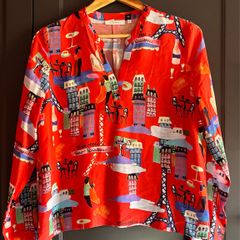 Eterna Red Parisian Print Viscose Blouse Shirt UK 10  Oversized Loose Fit Novelty France Scene