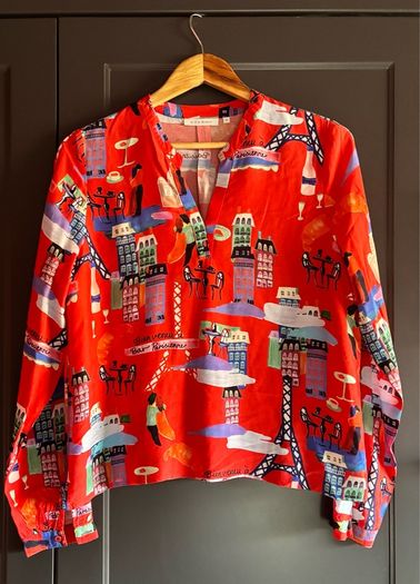 Eterna Red Parisian Print Viscose Blouse Shirt UK 10  Oversized Loose Fit Novelty France Scene