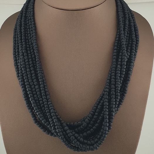 Antique African Style Dark Black Blue 5-6.6mm Glass Beads Necklace Strand