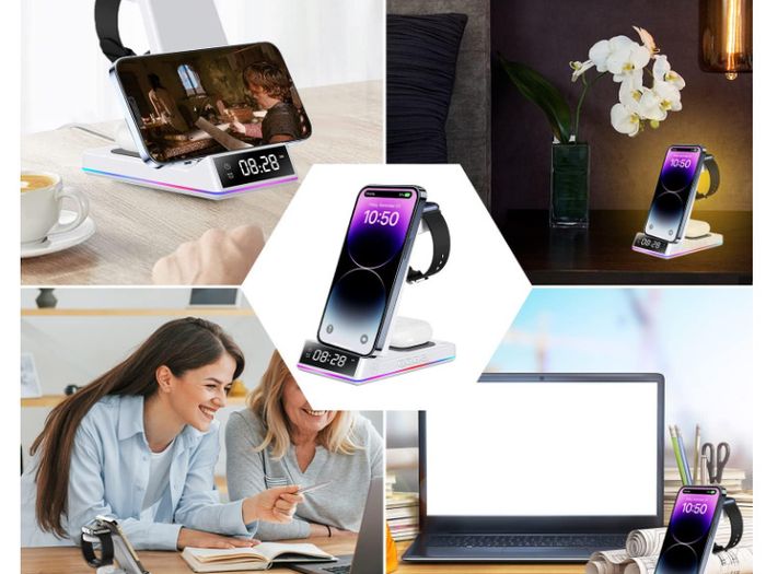 5-in-1 15w Magnetic Wireless Charger With Flashy Atmosphere Light/digital Clock