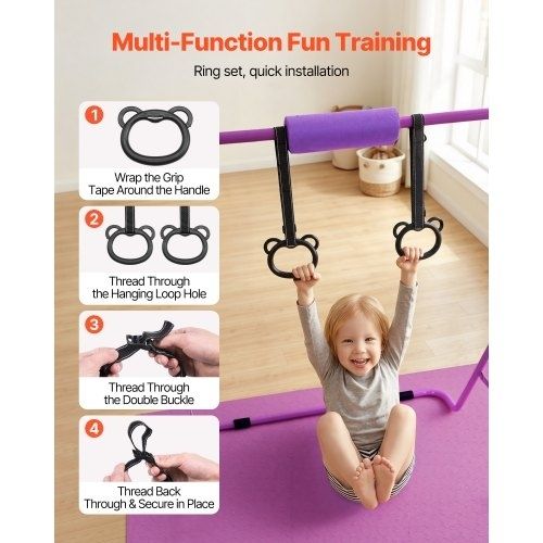 Gymnastic Bars for Kids, 63.5 kg Capacity Folding Training Kip Bar with Mat, Adjustable Height Gymnastic Horizontal Bar for Home, Training Equipment for Indoor Outdoor, Easy to Assemble, Purple