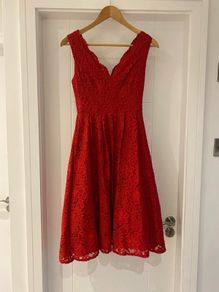 Red Jolie Moi Scalloped V-Neck Lace Dress
