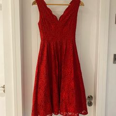 Red Jolie Moi Scalloped V-Neck Lace Dress