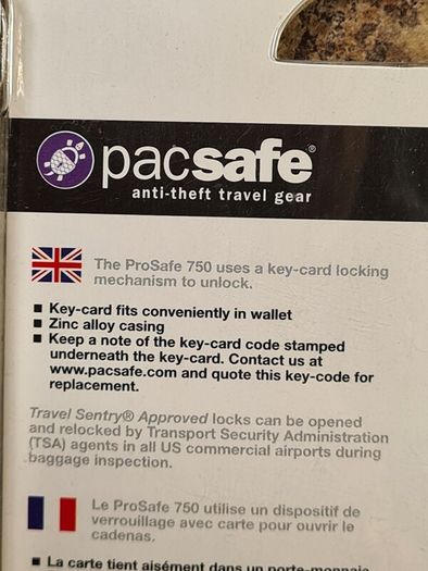 PACSAFE PROSAFE 750 luggage lock anti theft travel gear lock and keycard BRAND NEW