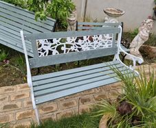 Garden bench roses design, restored seat, outside outdoor garden sitting, cast iron, treated timber decorations, furniture patio decking, great present. Ignore flowers, pots, plants, garden statue, chair, swing, patio table, heater, BBQ, hammock, sun, o