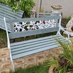 Garden bench roses design, restored seat, outside outdoor garden sitting, cast iron, treated timber decorations, furniture patio decking, great present. Ignore flowers, pots, plants, garden statue, chair, swing, patio table, heater, BBQ, hammock, sun, o
