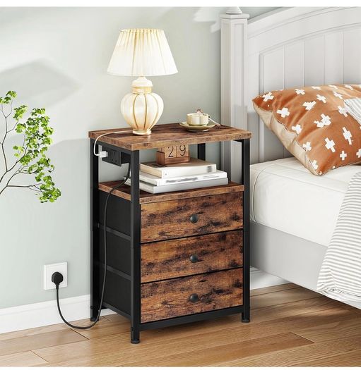 Bedside Table with Charging Station, End Table with 3 Fabric Drawers, Sofa Side Table with USB Ports and Socket, Nightstand for Bedroom, Living Room, Rustic Brown and Black