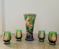 Mcm Royo art glass vase & liquor glasses