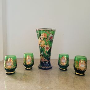 Mcm Royo art glass vase & liquor glasses