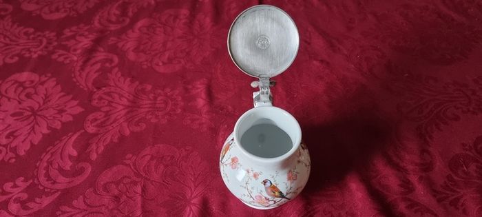 Antique Royal Tettau Bavaria Germany Original Model Al-Tettau Anno 1800 Pewter Lidded Porcelain Teapot / Stein Made In Bavaria Germany