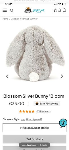 New JELLYCAT Medium Silver Blossom Bunny Bloom