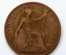 1916 Penny George V bronze coin