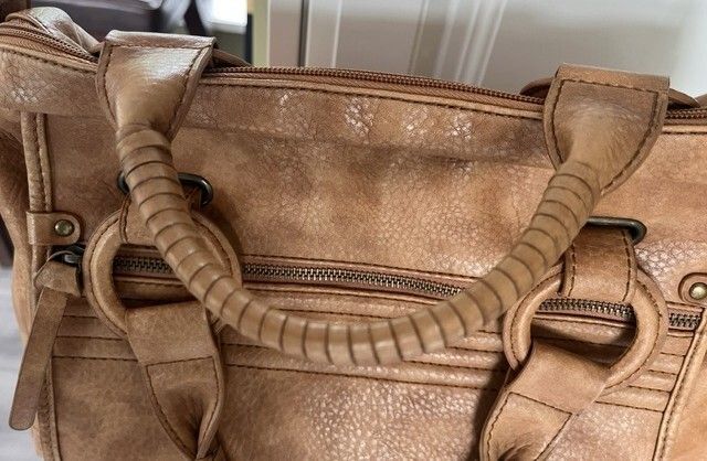 A-WEAR BAG OVERNIGHT WEEKEND Camel beige Stylish Faux Leather bag. Brass hardware In Very Good Condition. Generous sizing