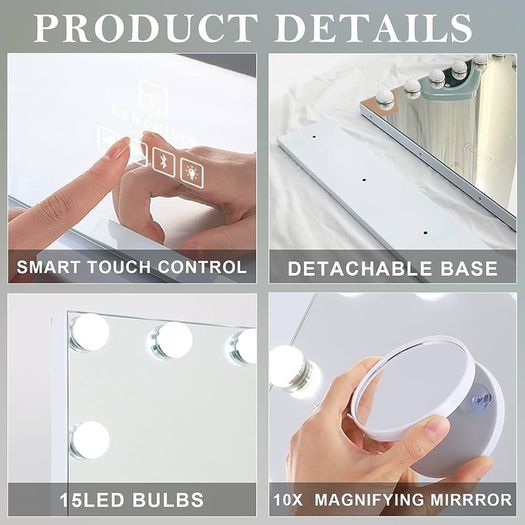 NEW SALE | Hollywood Mirror with Bluetooth 15 LED Dimmable Bulbs Hollywood Vanity Mirror with Lights Lighted Makeup Mirror with USB Charging Port and 10X Magnifier Mirror Touch Screen