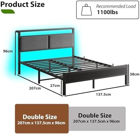 Metal Bed Frame Double Platform Upholstered Bed Frame with Storage Headboard, Heavy Duty Metal Bed