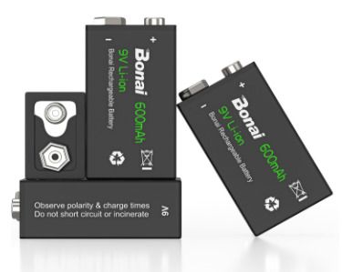 BONAI Rechargeable 9V Batteries 600mAh High Capacity 9V Rechargeable Batteries,(4 Pack)