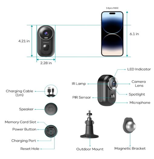 ZUMIMALL True Wireless Outdoor Battery Surveillance Camera WiFi Wireless Surveillance Camera Outdoor / Indoor PIR Motion Sensor 1080P Night Vision IP66 Waterproof Supports 2.4G Wi-Fi Black