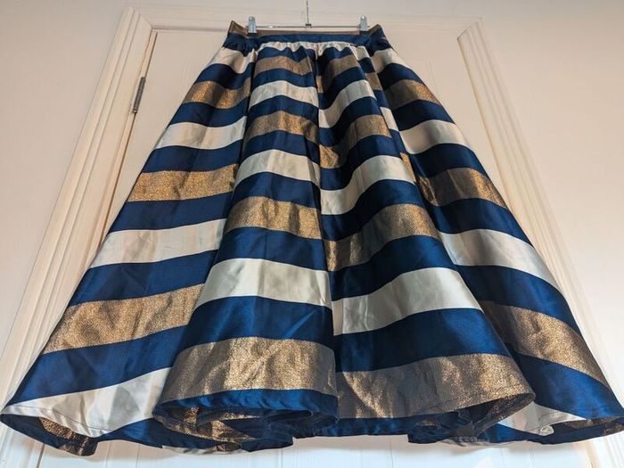 Metallic Navy Striped Pleated A-Line Full Flare Satin Midi Skirt from Traffic People