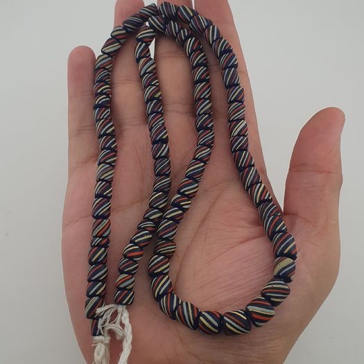 Vintage African MultiColor Stripe Black 7.4mm - 7.6mm Glass Beads Strand