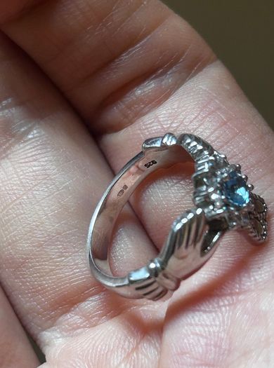 Solvar 925 Sterling Silver Claddagh Ring, Blue & Clear Zirconia. Size L