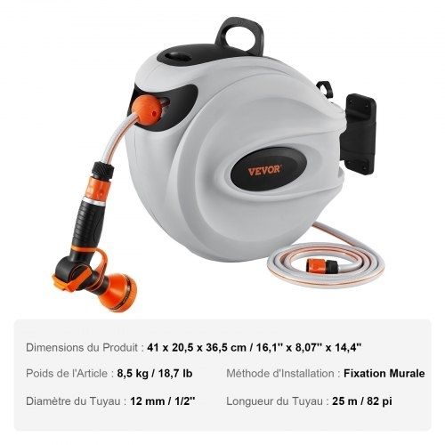Retractable Hose Reel Water Hose Reel 25m by 1.3cm 180 Swivel Wall Mounted
