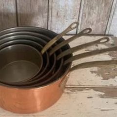vintage copper pots with brass handles set of 5