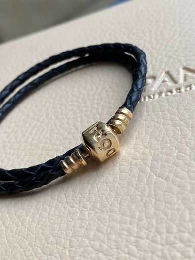 Pandora Black Double Leather Bracelet with 14 ct (585) Gold Clasp